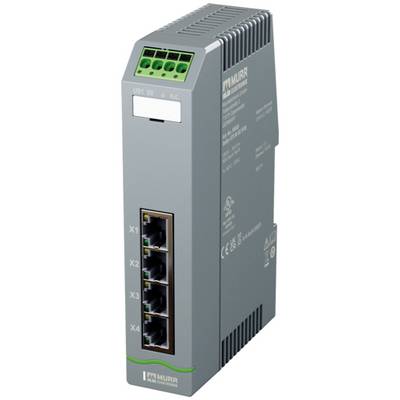 Module de réseau industriel Gray Murrelektronik avec quatre ports Ethernet étiquetés X1 à X4 et un bloc de bornes vert en haut.