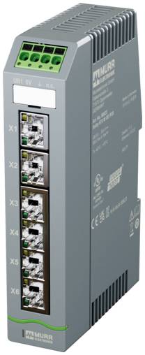 Module électronique Murr industriel gris avec six ouvertures de port empilées et bloc de bornes vert sur le panneau avant.