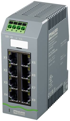 Module de commutation de réseau électrique industriel Murr avec huit ports Ethernet, bornes d'alimentation et étiquette d'état sur un boîtier gris sur rail DIN.