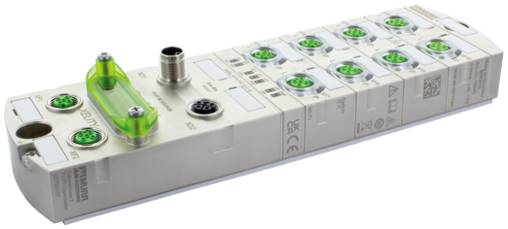 Module électronique industriel compact avec plusieurs connecteurs de bornes verts et un capot transparent de couleur verte, présenté sur un fond blanc.