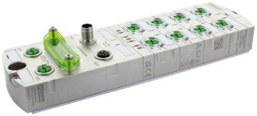 Collecteur de vannes industrielles blanc avec plusieurs raccords verts et un couvercle transparent, montré sur un fond neutre.