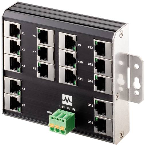 Commutateur réseau industriel avec 16 ports Ethernet étiquetés X1-X16 et un bloc de bornes d'alimentation vert étiqueté UB1/OV/FE sur le devant.