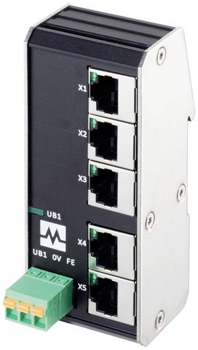 Module Ethernet industriel/fieldbus avec cinq ports étiquetés (X1-X5) et un connecteur à bornier vert sur le dessous.