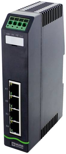 Module commutateur Ethernet industriel avec quatre ports RJ45, voyants d'état et bloc de bornes vert en haut, probablement destiné aux systèmes de contrôle sur rail DIN.