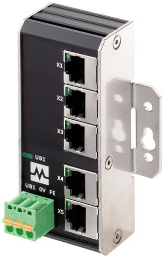 Module de commutateur Ethernet industriel avec cinq ports RJ45 étiquetés X1-X5, un support de montage en métal et un bornier vert