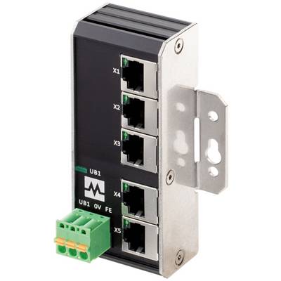 Module de commutateur Ethernet industriel avec cinq ports RJ45 étiquetés X1-X5, un support de montage en métal et un bornier vert