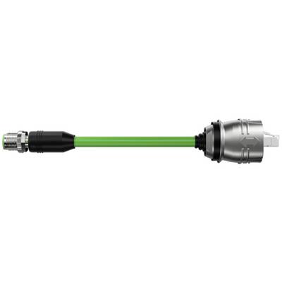 Un câble en fibre optique vert avec des connecteurs noirs et argentés aux deux extrémités, présenté horizontalement sur un fond blanc.