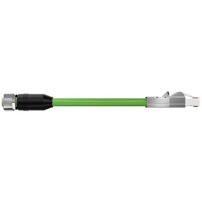 Câble en fibre optique verte avec un connecteur métallique à une extrémité et une gaine de protection noire à l'autre extrémité.