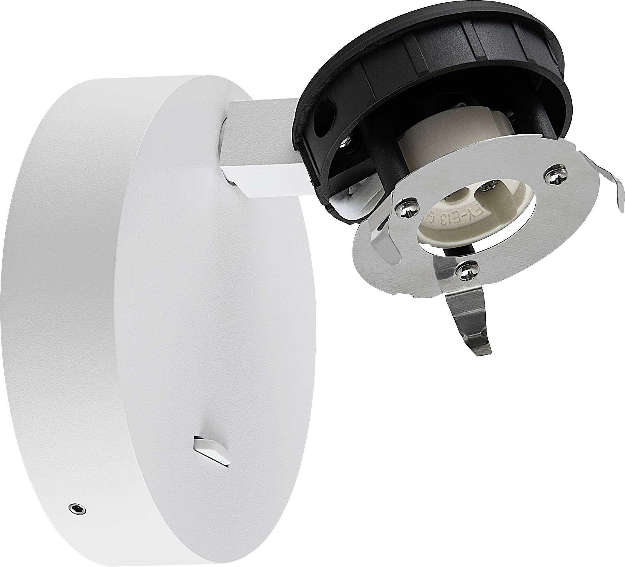Applique murale blanche ajustable avec plaque de fond ronde et tête de lampe articulée noire et argentée, présentée isolée sur fond blanc.
