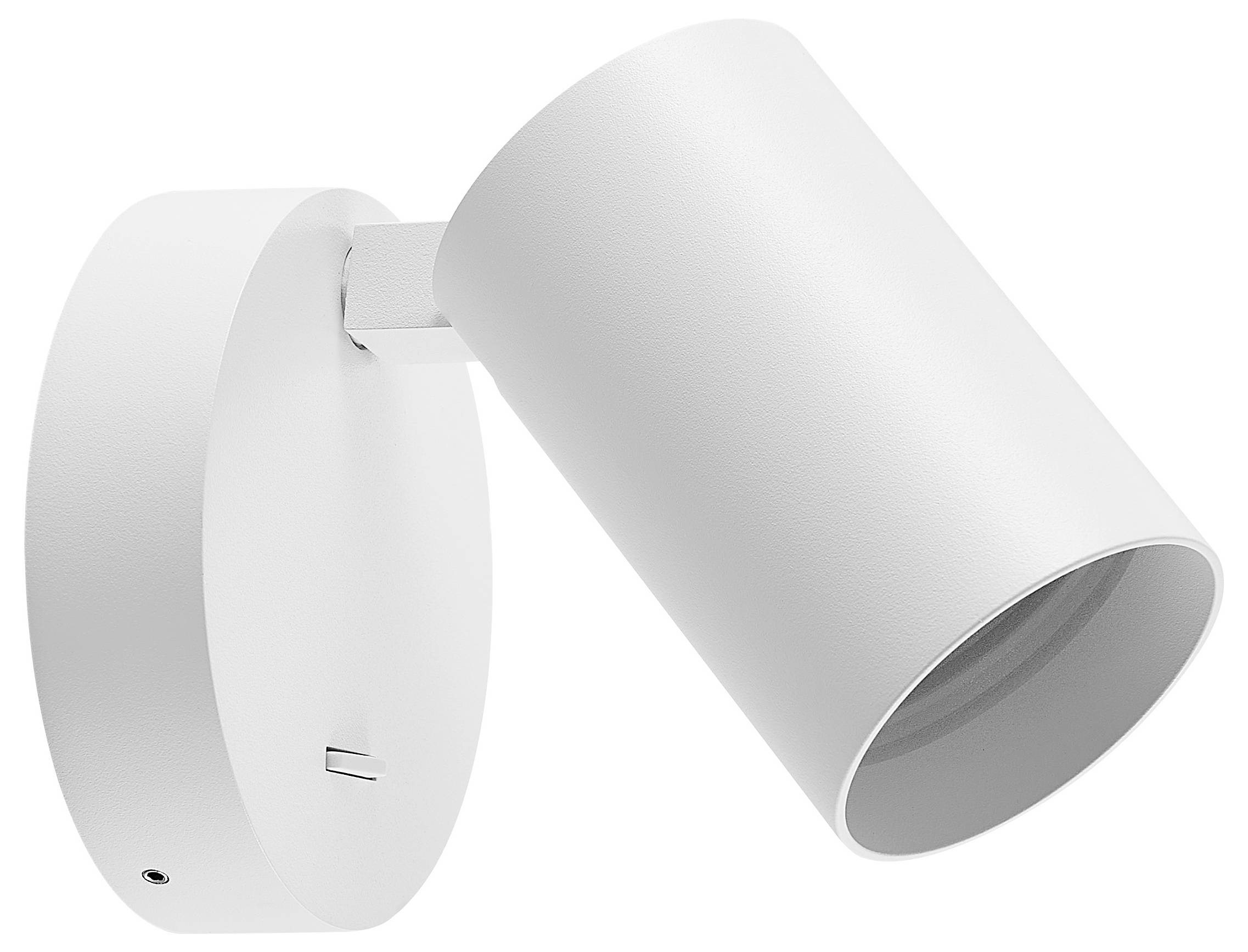Projecteur blanc ajustable avec tête de lampe cylindrique sur une base fixée au mur.