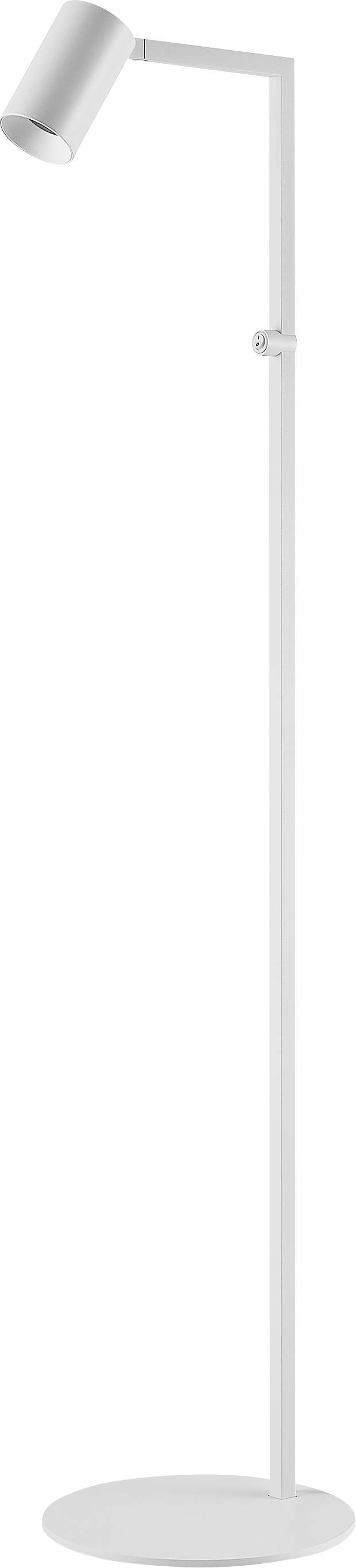 Lampadaire blanc moderne avec une base ronde et une tête ajustable, présenté sur un fond neutre.