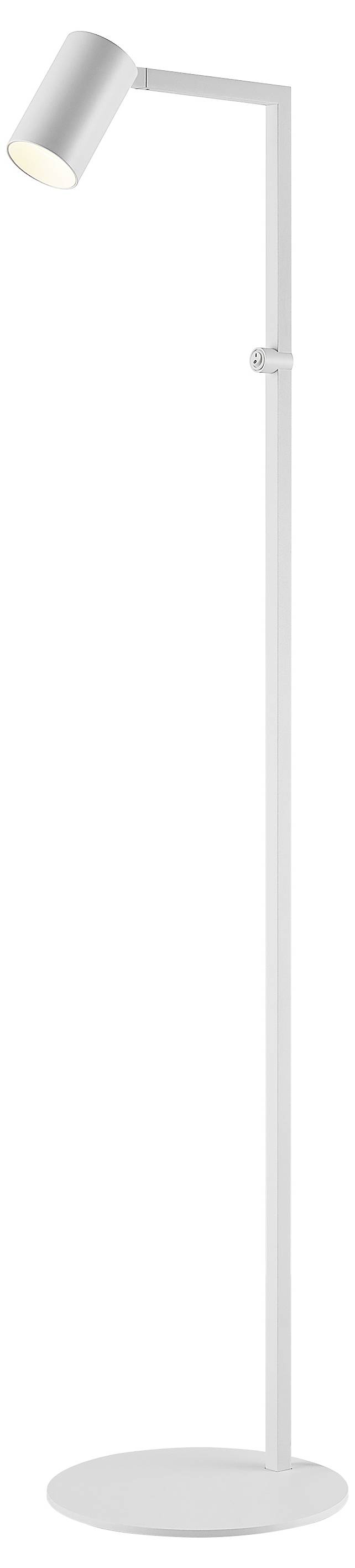 Lampadaire blanc ajustable avec base ronde et projecteur cylindrique orientable sur un pied mince