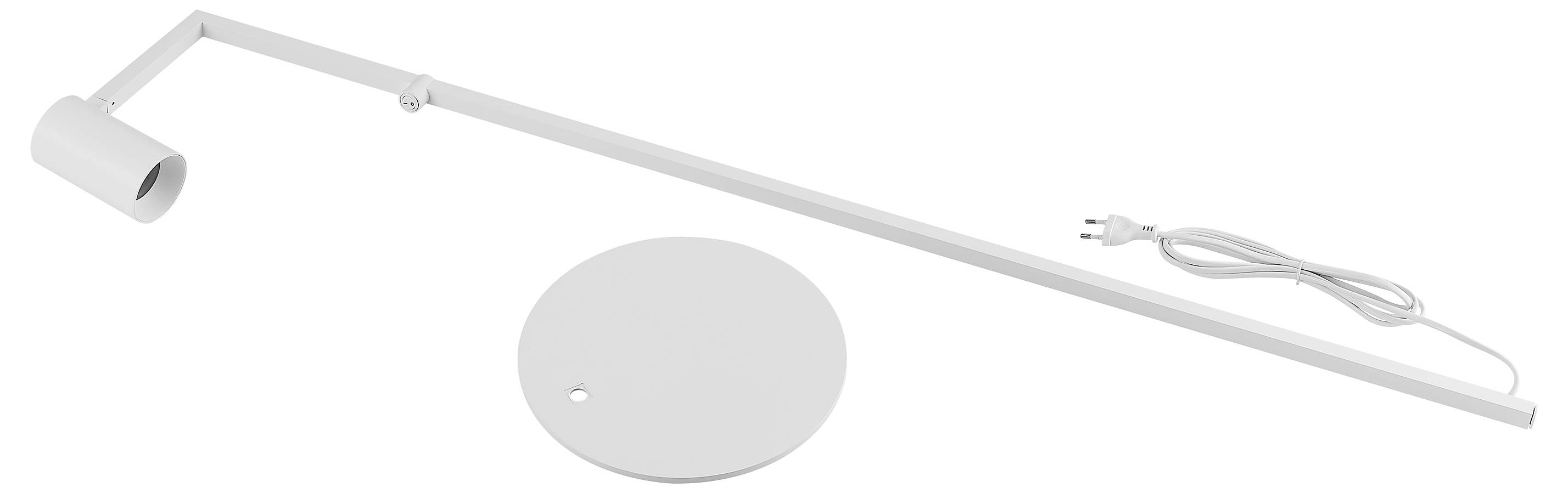 Projecteur sur rail blanc avec spot cylindrique et rosace murale circulaire, présenté avec cordon d'alimentation attaché sur fond uni.