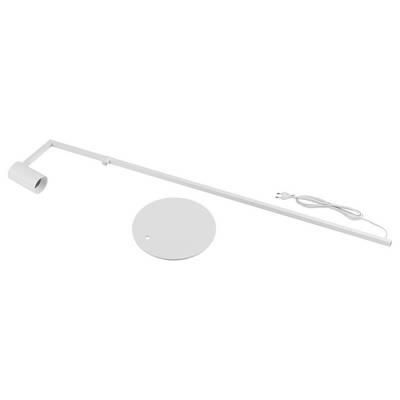 Projecteur sur rail blanc avec spot cylindrique et rosace murale circulaire, présenté avec cordon d'alimentation attaché sur fond uni.