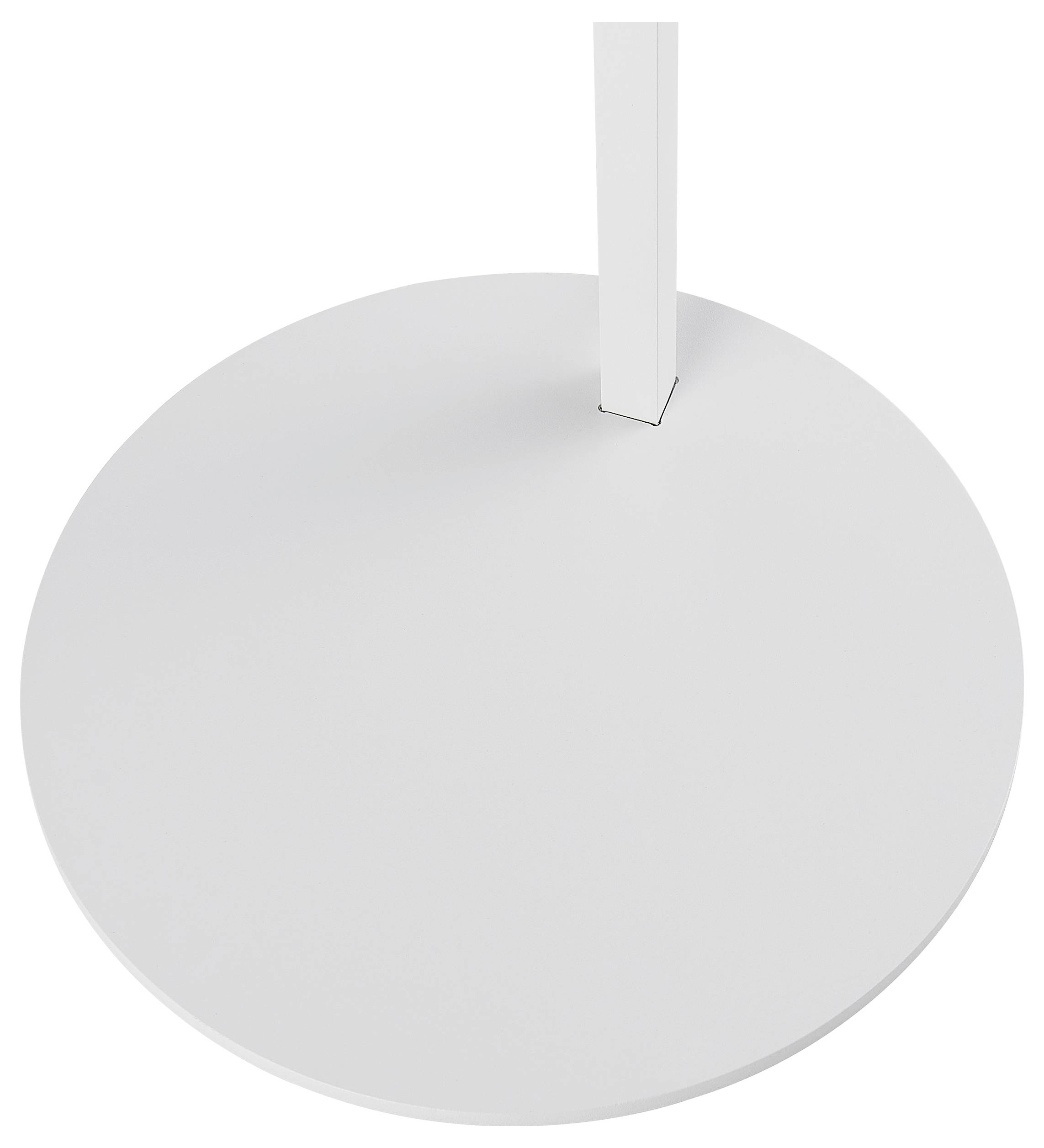 Base rond blanc avec un poteau ou une colonne rectangulaire vertical monté près du bord supérieur, présenté sur un fond uni.