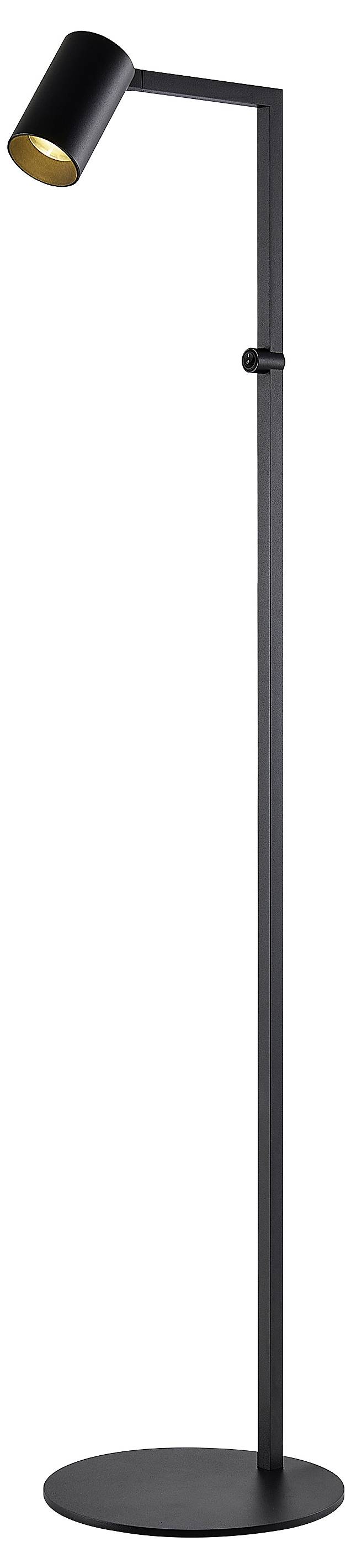 Lampadaire moderne noir avec une base ronde, un pied mince et une tête de projecteur ajustable orientée vers le bas.