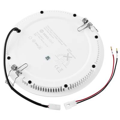Panneau de lumière de plafond LED blanc rond avec fils d'alimentation noirs, rouges et blancs attachés et connecteurs, montré de l'arrière.