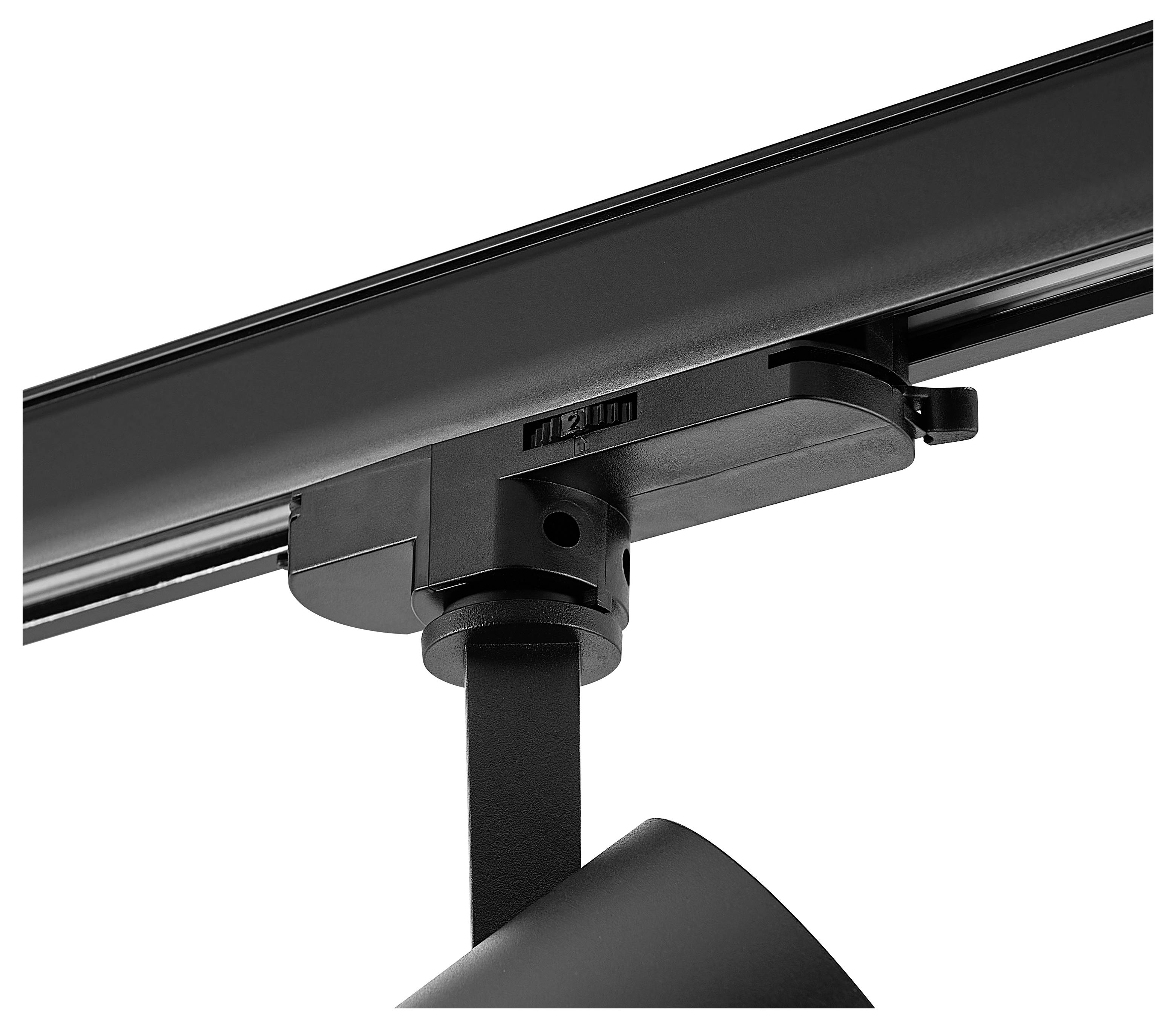 Gros plan d'un adaptateur d'éclairage sur rail noir fixé à un rail de plafond, avec un projecteur suspendu en dessous.