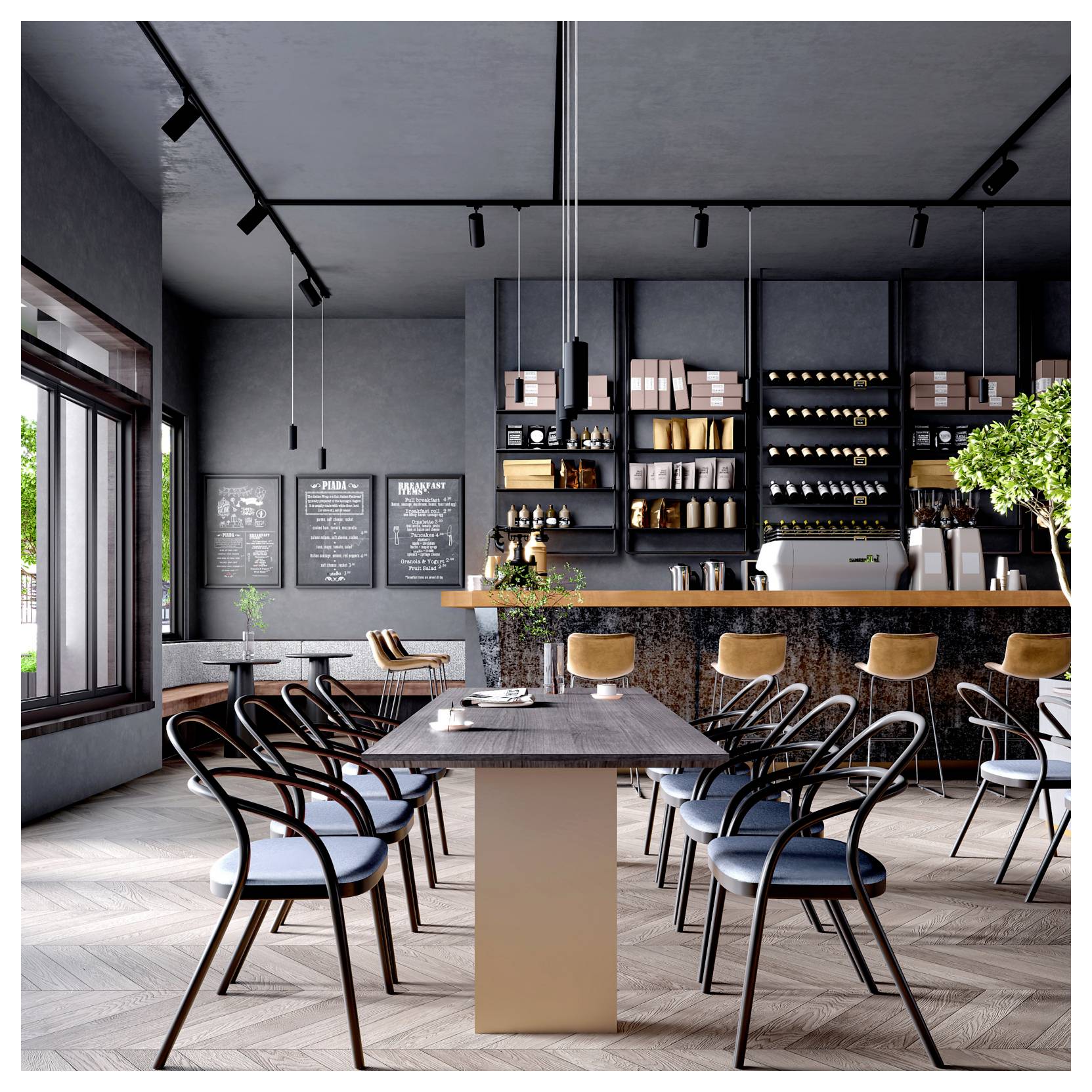 Intérieur de café moderne avec des chaises noires autour d'une table centrale, un long comptoir en bois, des étagères de tasses et de fournitures, et de grandes fenêtres à gauche.