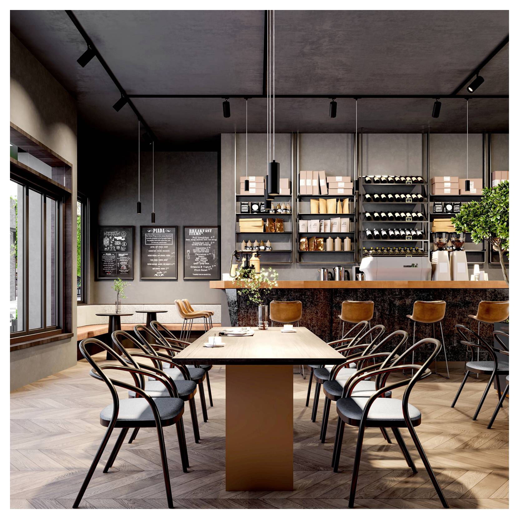 Intérieur de café moderne avec une longue table, des chaises noires et un comptoir à café garni d'étagères, de bouteilles et de tableaux de menus en arrière-plan.