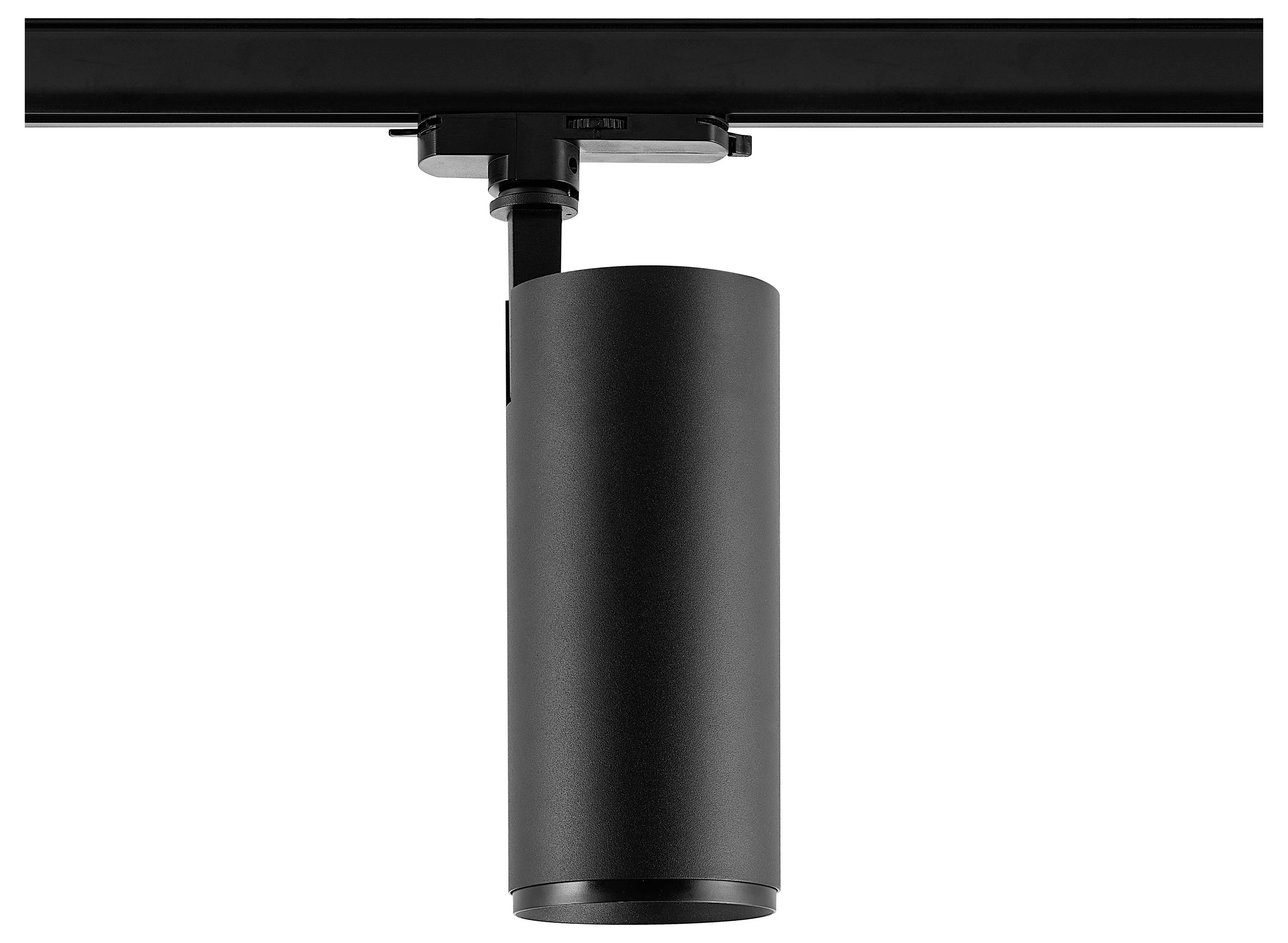 Luminaire de projecteur cylindrique noir suspendu à un rail de plafond sur un fond blanc.