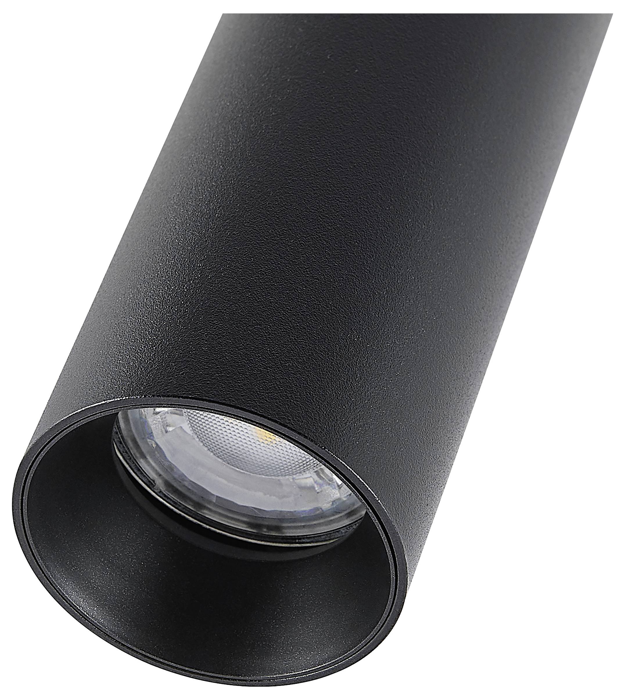 Projecteur de plafond cylindrique noir avec lentille circulaire encastrée, présenté sur fond blanc.