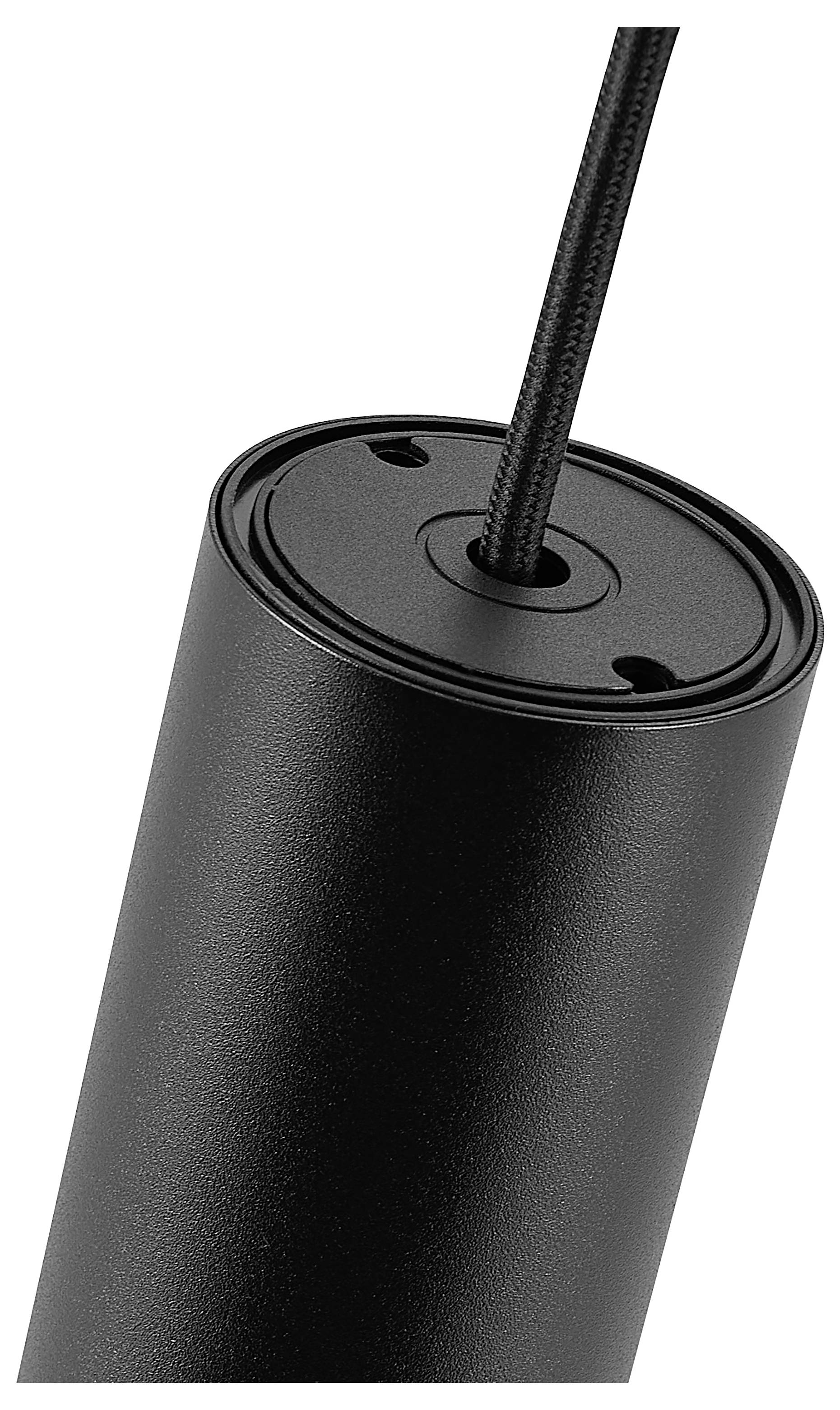 Gros plan d'une lampe suspendue cylindrique noire avec un cordon tressé entrant par le haut, photographié sur un fond blanc uni.