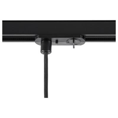 Gros plan d'un spot de piste noir monté sur un rail de plafond, avec un câble suspendu depuis le luminaire.