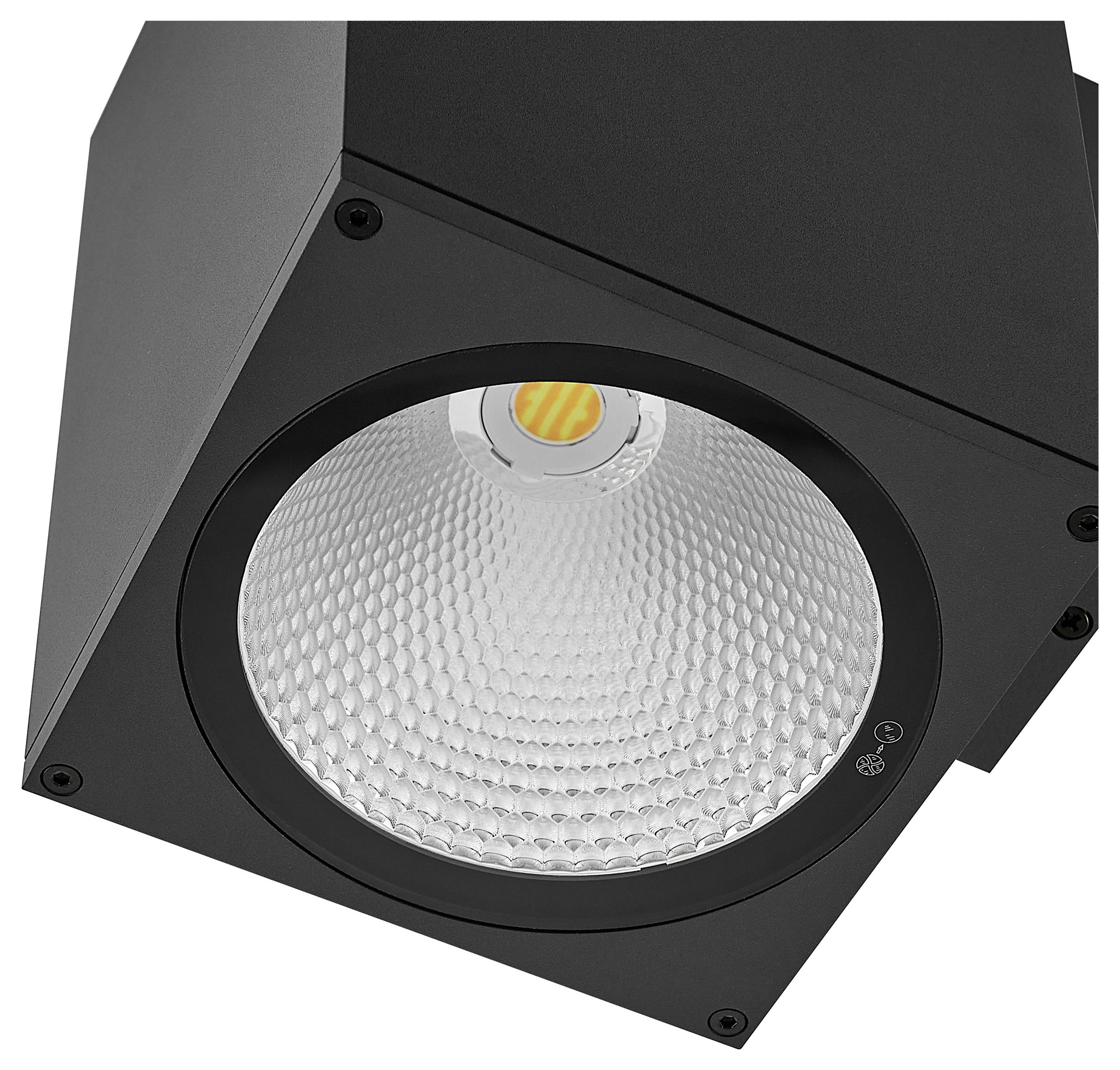 Luminaire de plafond LED carrée noir avec réflecteur circulaire texturé et ampoule centrale, montré en gros plan sur un fond blanc.