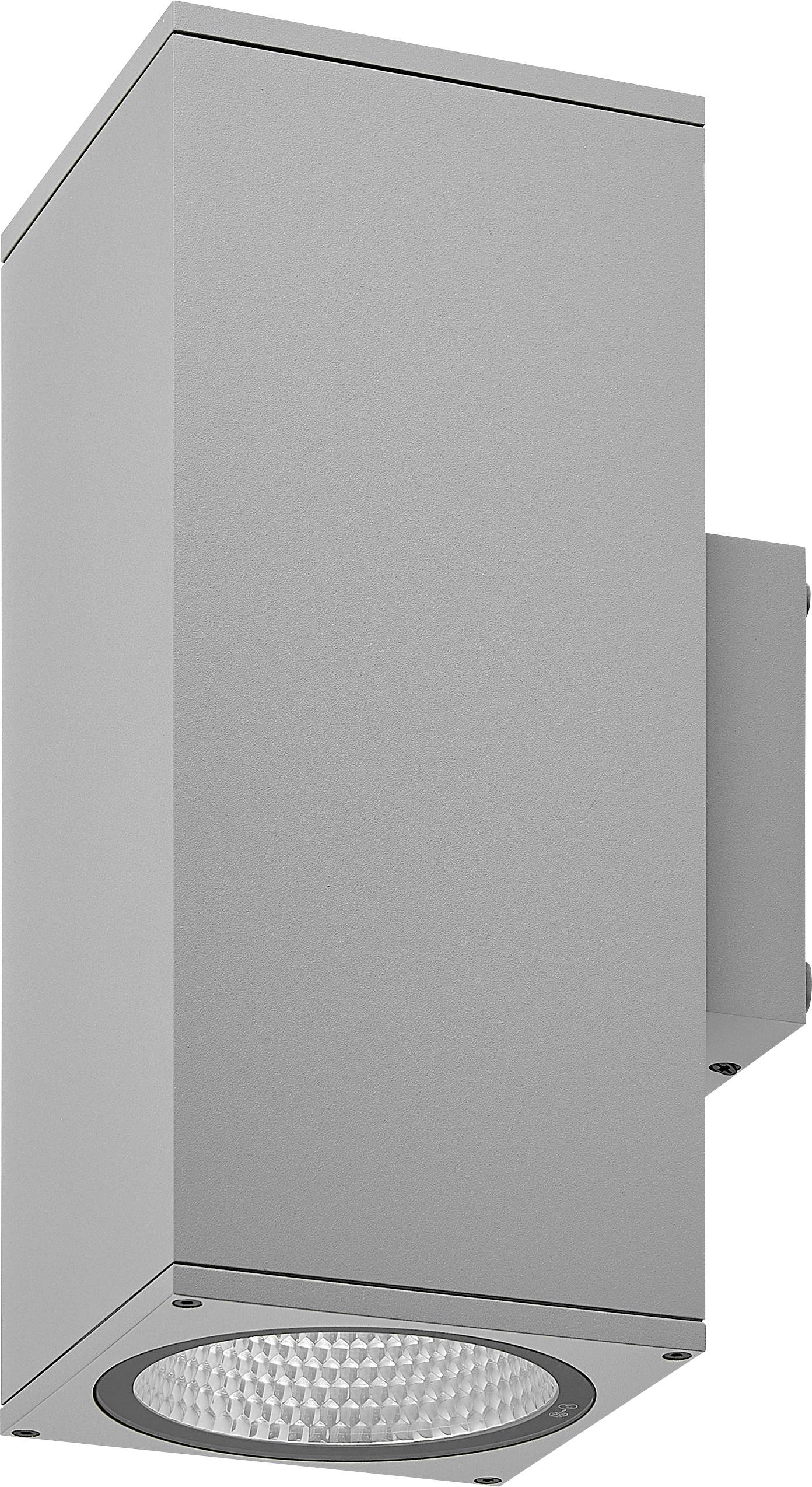 Luminaire d'éclairage extérieur mural avec un boîtier rectangulaire gris et une lentille LED circulaire sur le dessous.