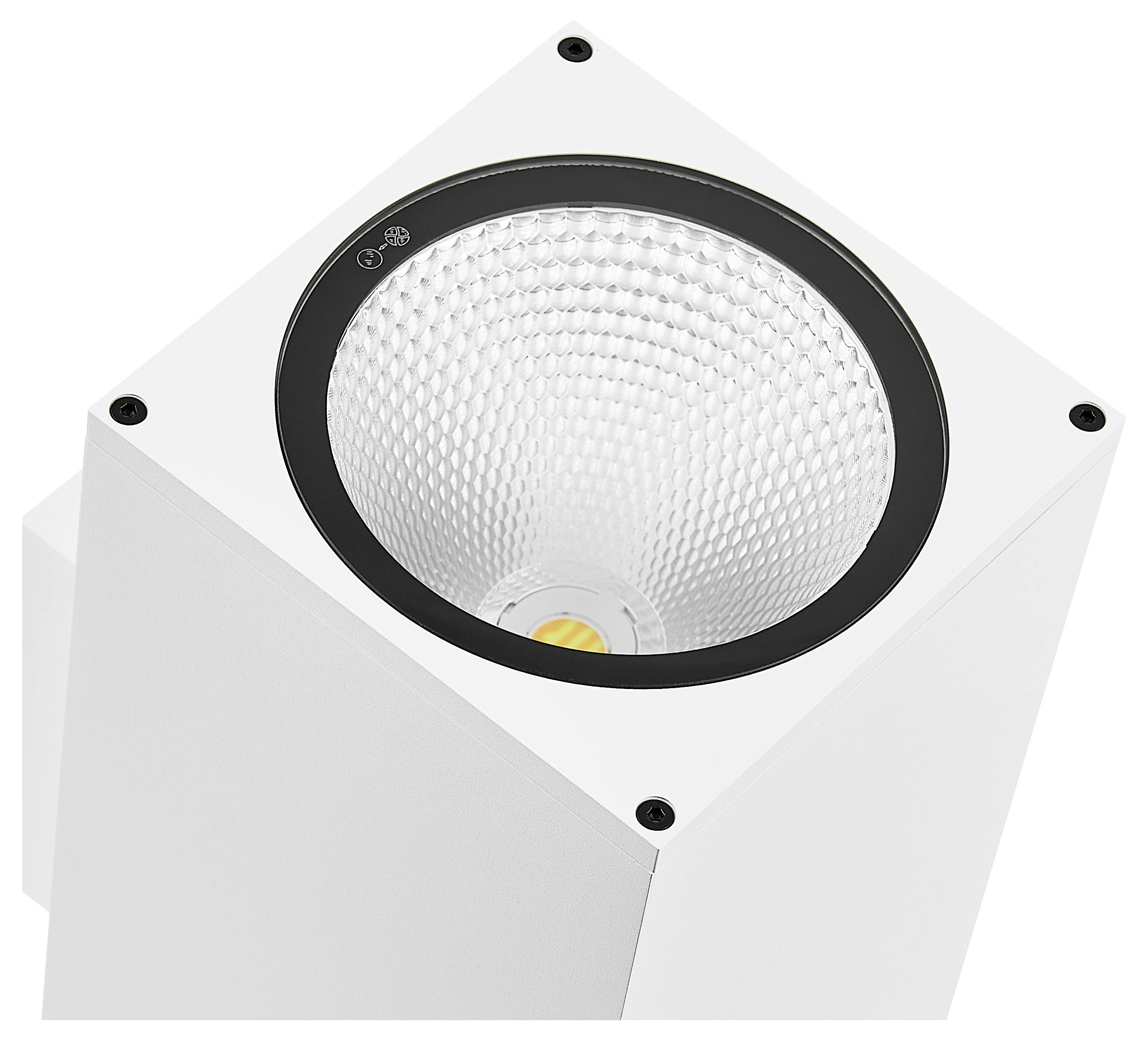 Luminaire LED de plafond encastré de forme carrée blanche avec un anneau de finition circulaire noir et un réflecteur texturé, présenté de dessus.