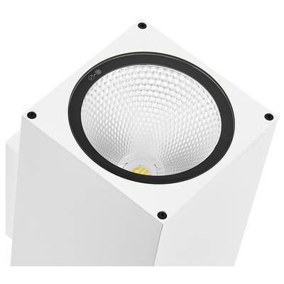 Luminaire LED de plafond encastré de forme carrée blanche avec un anneau de finition circulaire noir et un réflecteur texturé, présenté de dessus.