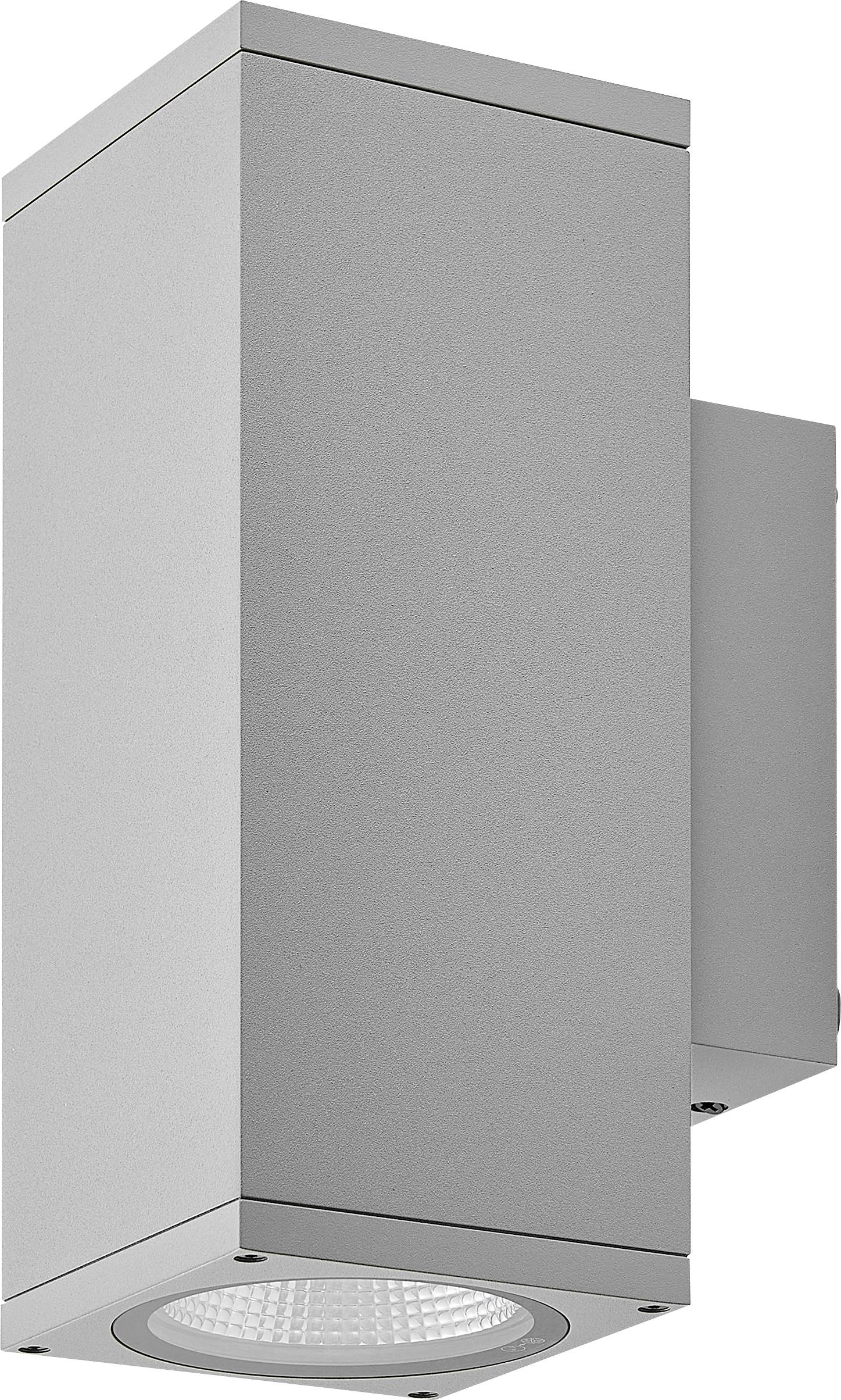 Luminaire d'éclairage extérieur mural rectangulaire en argent avec lentille LED circulaire sur la face inférieure.