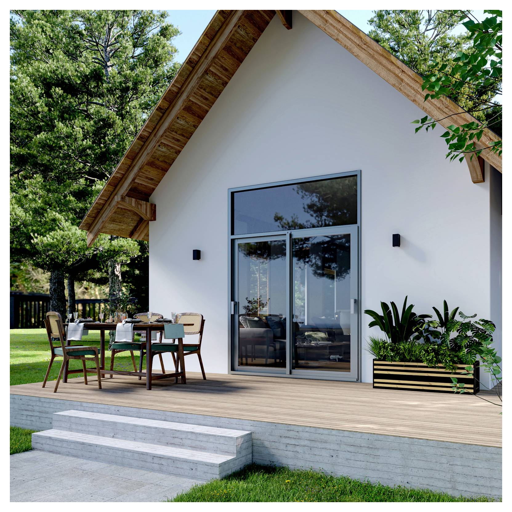 Chalet moderne blanc en forme de A, avec terrasse en bois, portes vitrées, ensemble de salle à manger extérieur et plantes en pot, entouré d'arbres.