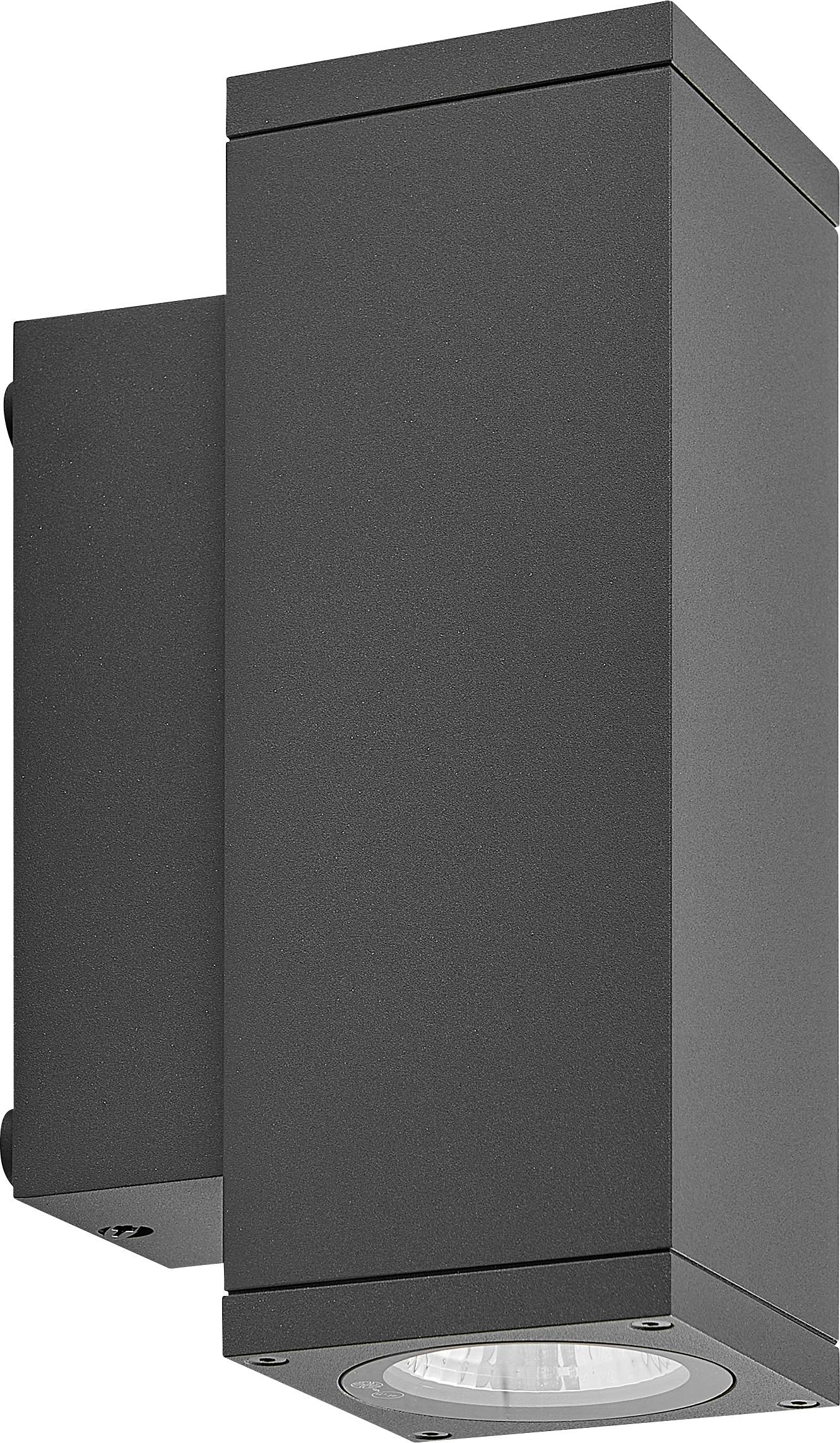 Luminaire mural d'extérieur rectangulaire noir avec projecteur orienté vers le bas sur fond blanc.