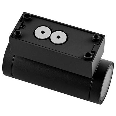 Dispositif mécanique rectangulaire noir avec deux ports circulaires argentés sur le dessus et une extrémité cylindrique plus grande d'un côté, présenté isolé sur fond blanc.