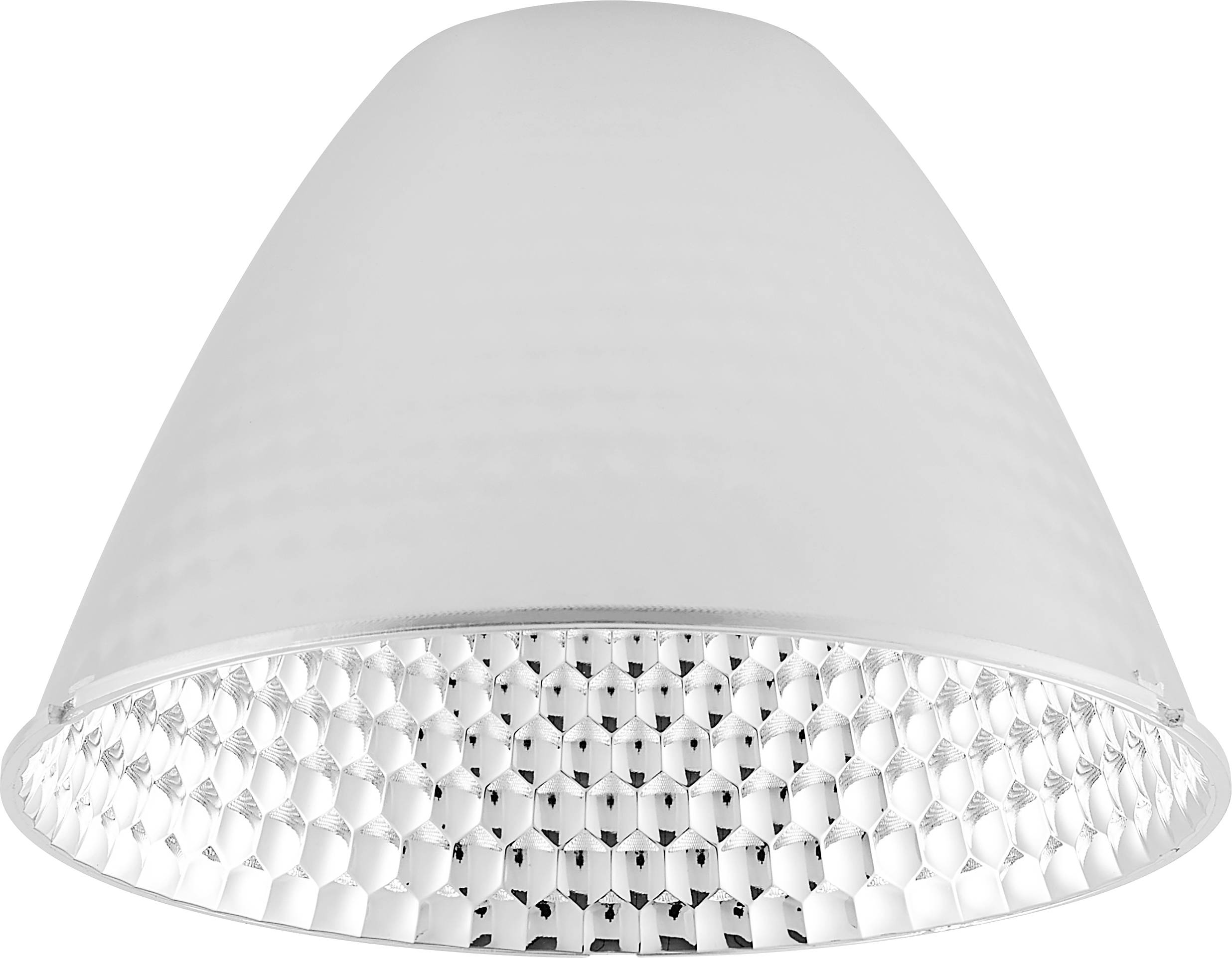 Abat-jour de suspension conique blanc avec un rebord intérieur facetté réfléchissant.