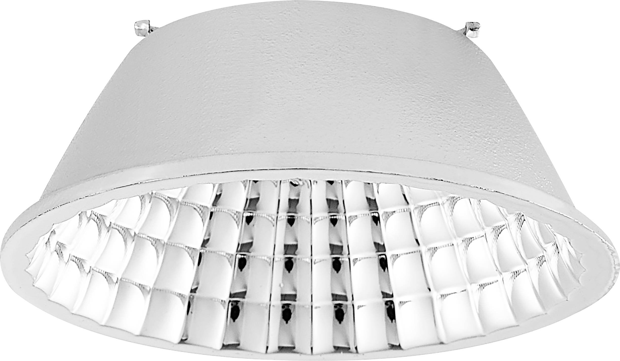 Luminaire de plafond blanc avec un abat-jour conique large et un intérieur à lames réfléchissantes.