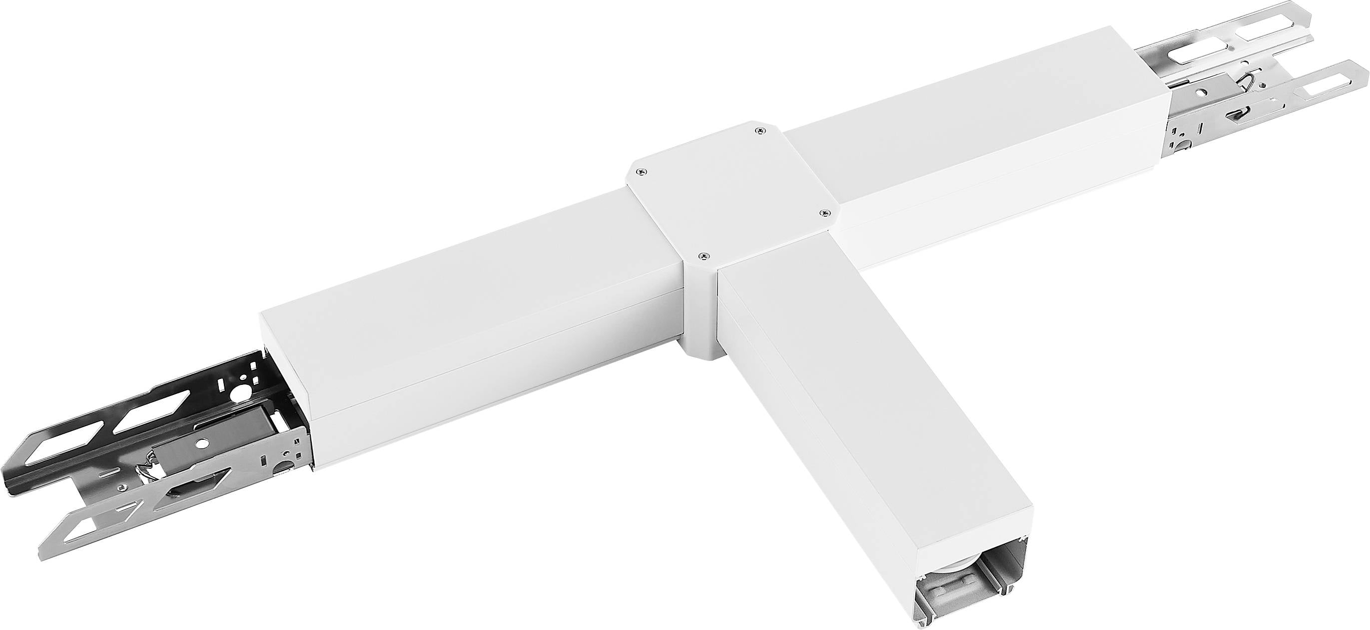 Conduit de câbles modulaire blanc avec jonction en forme de T et supports de montage métalliques sur fond blanc.
