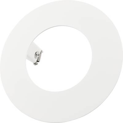 Lumière LED encastrée au plafond de forme ronde et blanche avec une ouverture centrale et un clip de ressort visible sur un côté.