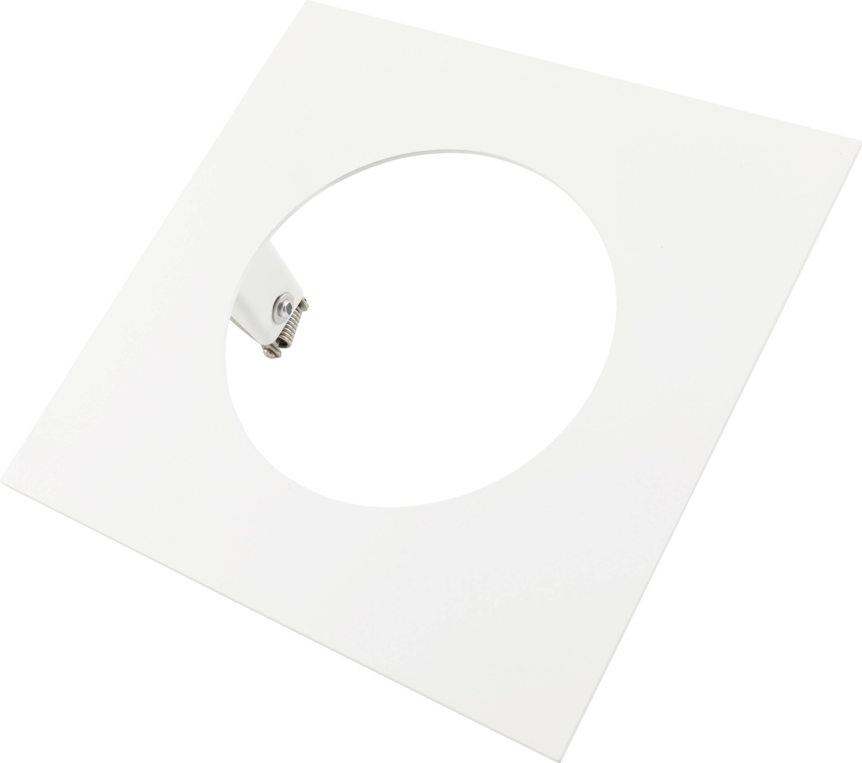 Panneau lumineux encastré carré blanc avec une grande ouverture circulaire et un clip à ressort visible, présenté sur un fond blanc.