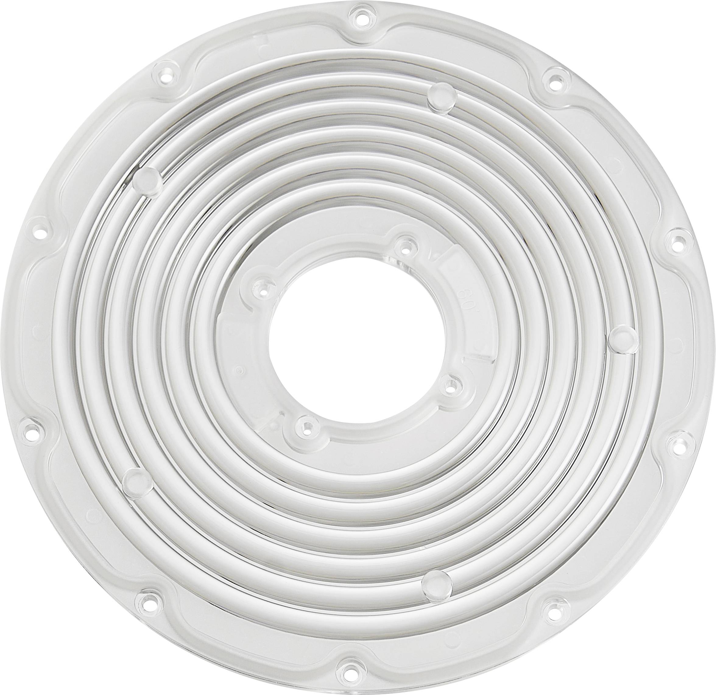 Vue de dessus d'un assemblage de bobine ou de tuyauterie en plastique blanc circulaire avec un trou central et des trous de montage régulièrement espacés autour du bord.