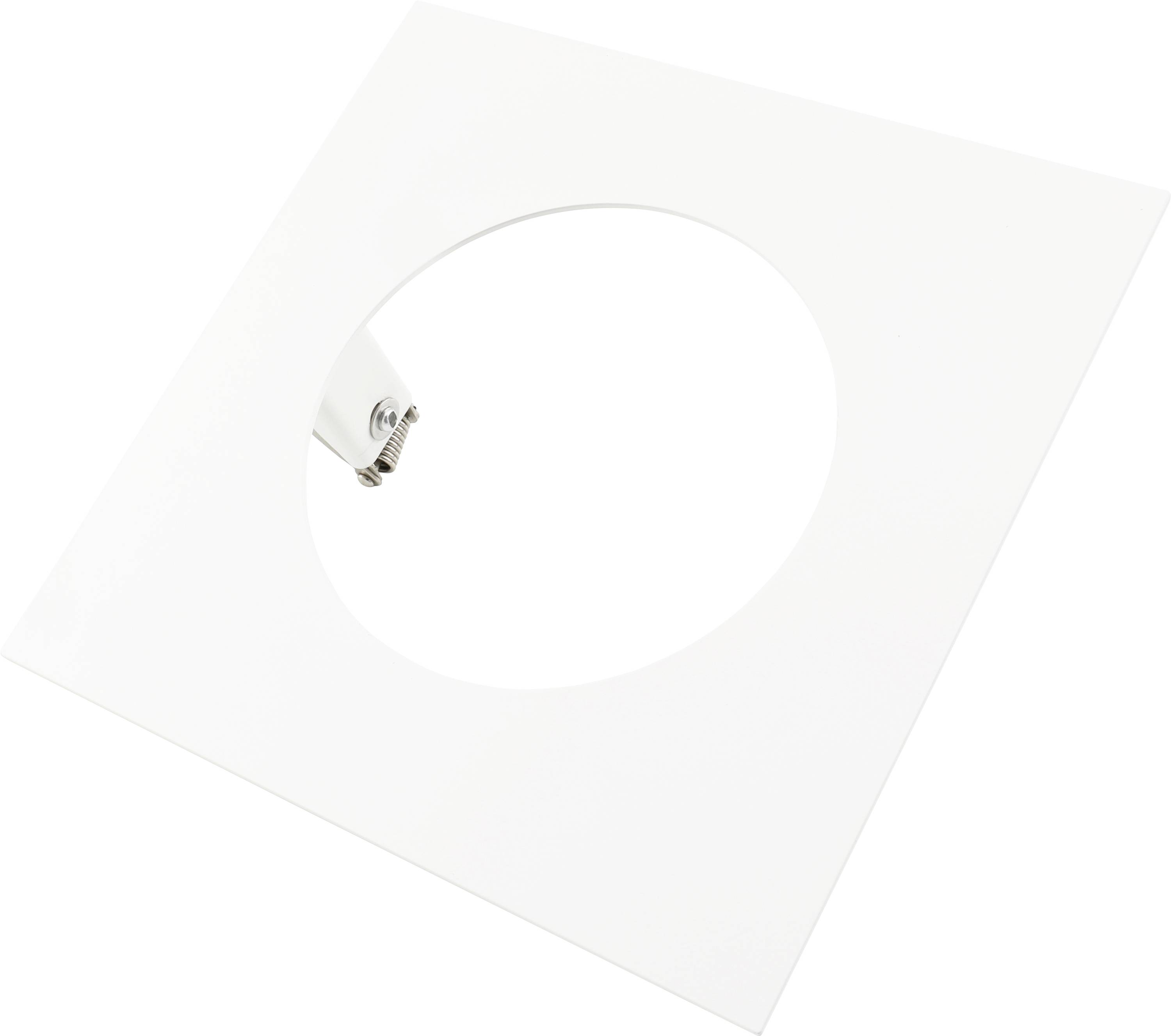 Panneau carré blanc avec une grande ouverture circulaire, montrant un petit mécanisme à charnière métallique ou ressort sur le bord gauche.