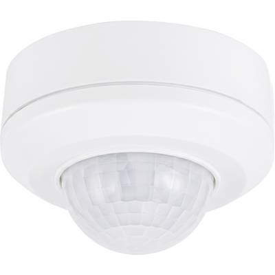 Capteur de mouvement blanc montable au plafond avec lentille Fresnel en dôme sur un fond uni.