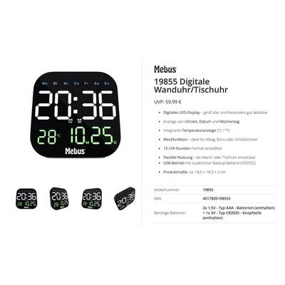 Horloge murale numérique Mebus/réveil de table, modèle 19855, affichant 20:36 avec 28°C et 10:25 sur un écran LED noir ; détails du produit listés à côté.