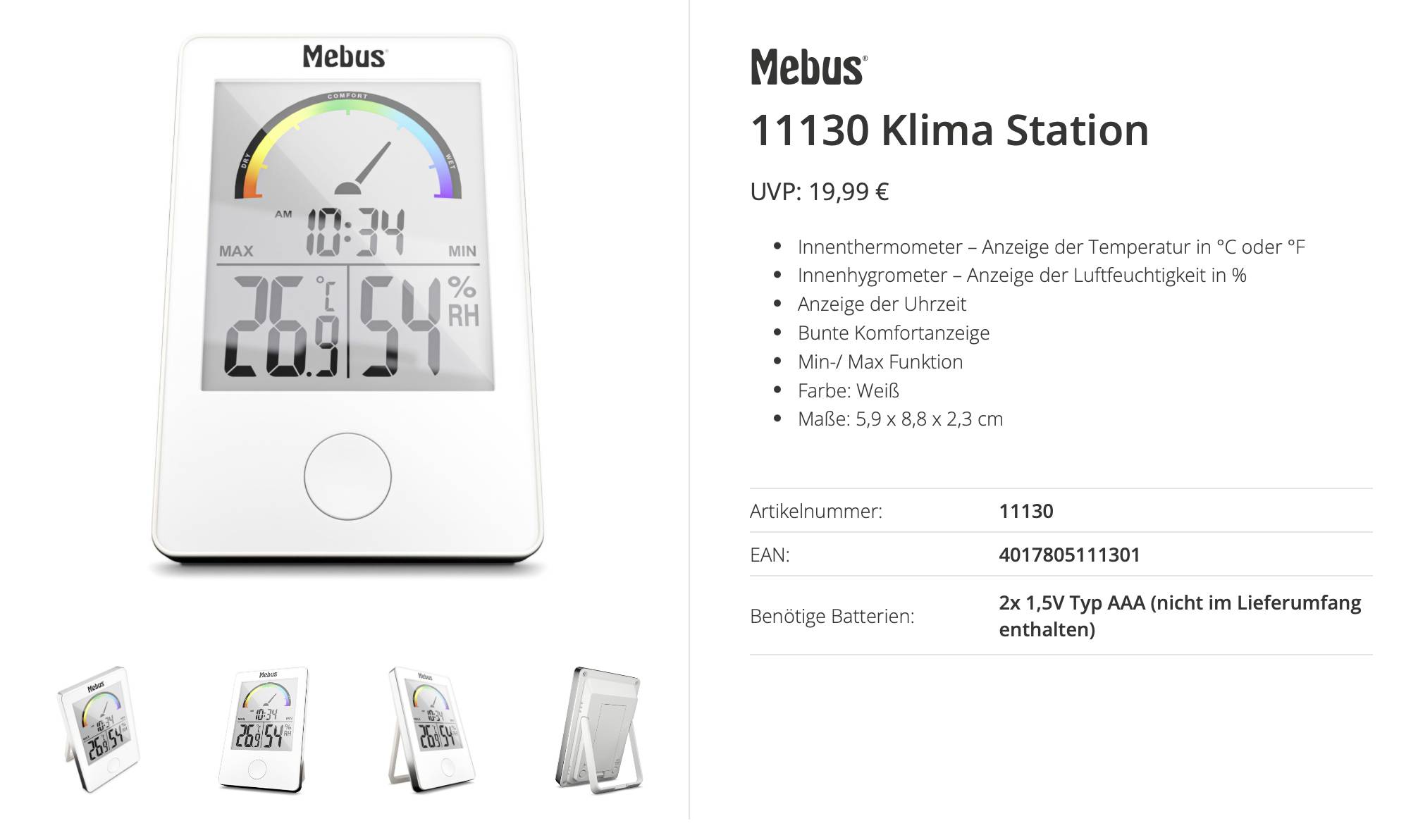 Image de produit d'une station météorologique Mebus 11130 montrant un thermomètre d'intérieur, un affichage d'humidité, une horloge et un indicateur de confort coloré, avec les spécifications du produit listées à côté.