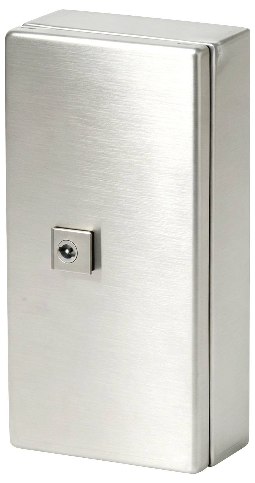 Boîte de rangement ou coffre-fort en acier inoxydable fixé au mur avec une petite serrure à clé sur la façade.