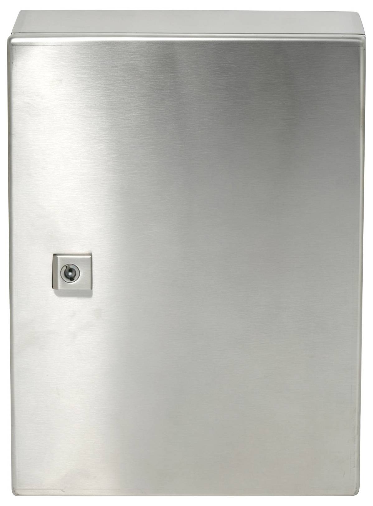 Armoire électrique murale en acier inoxydable avec un petit verrou à clé sur la façade.