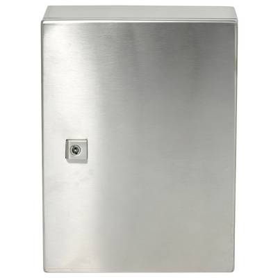 Armoire électrique murale en acier inoxydable avec un petit verrou à clé sur la façade.