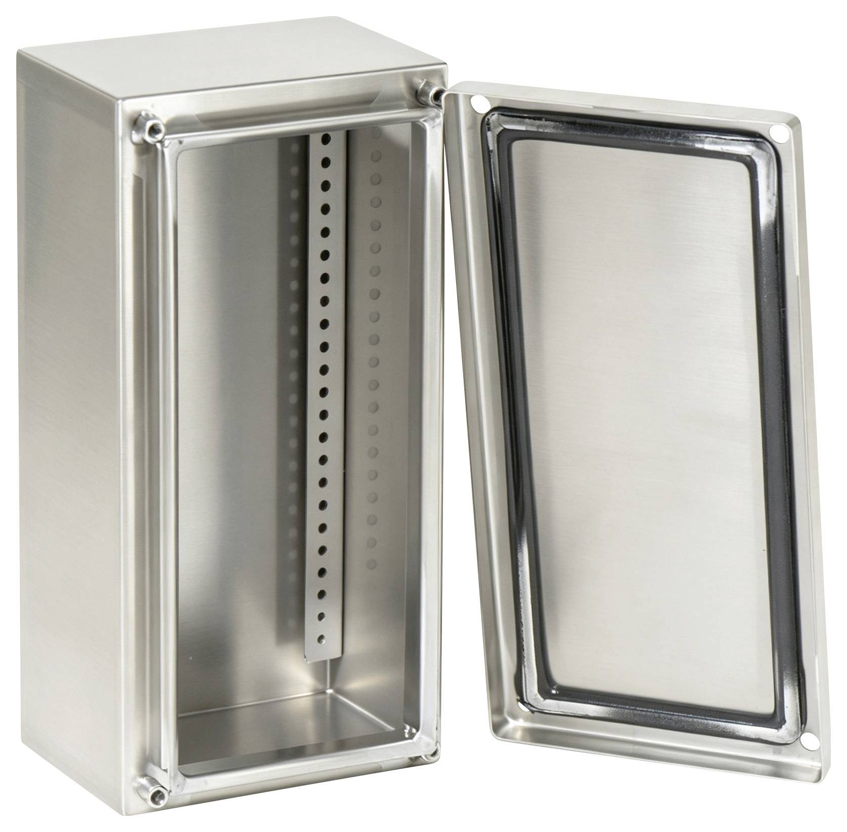 Boîtier d'armoire électrique en acier inoxydable avec une porte à charnière ouverte et joint d'étanchéité en caoutchouc visible, présenté sur un fond blanc.